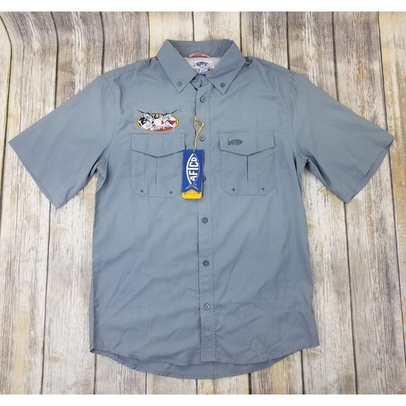 AFTCO Shirts Aftco Aftech Button Up Fishing Shirt Mens Size S Gray Usa Stars Stripes New